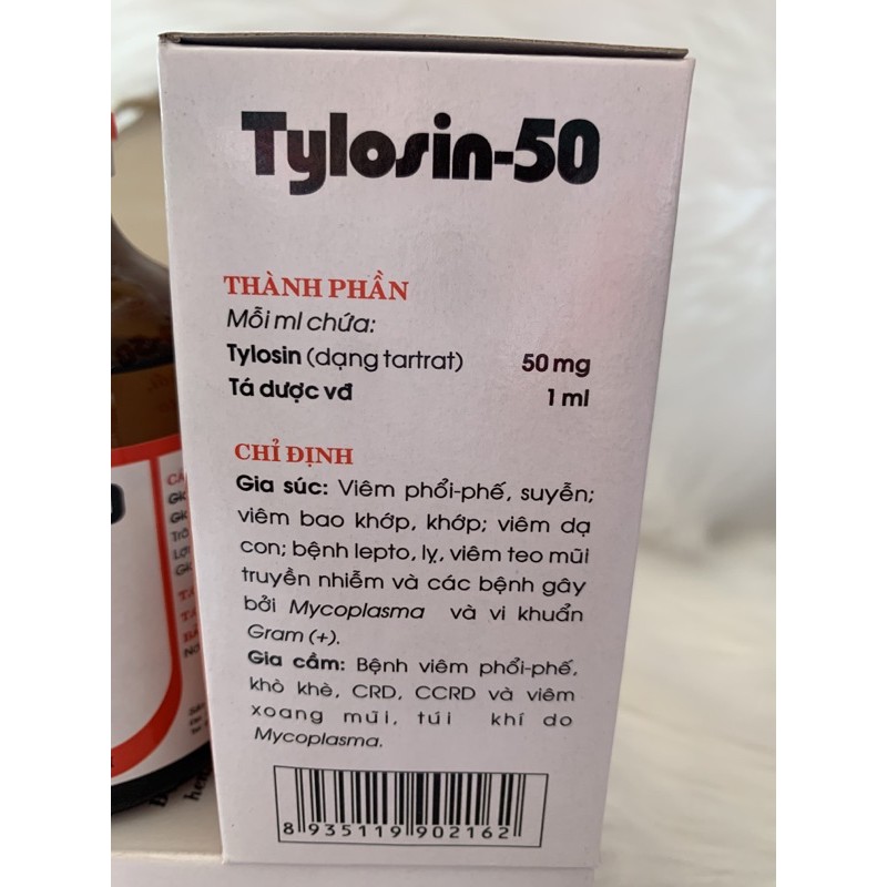 100ml Tylosin 50 - viêm phổi, hen, suyễn trên gà, vịt, ngan, ngỗng, chó, heo, trâu, bò