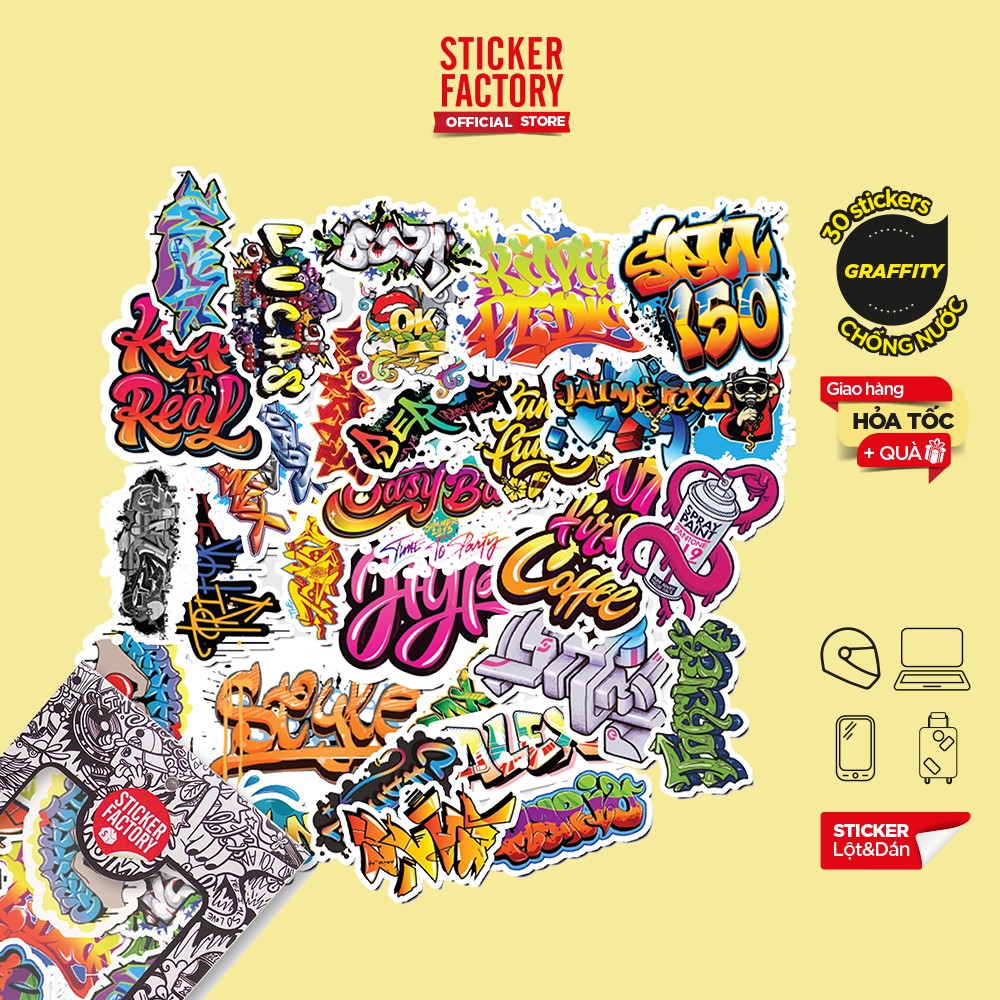 Hộp set 30 sticker decal hình dán nón bảo hiểm , laptop, xe máy, ô tô STICKER FACTORY - Graffity