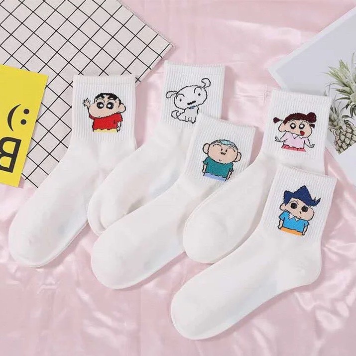 Set 5 đôi tất cổ cao Bivota vớ dễ thương in họa tiết nhân vật shin cực đẹp T02