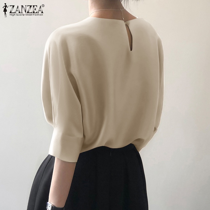 Áo kiểu Zanzea vải satin tay 3/ 4 cổ tròn cài nút thời trang cho nữ