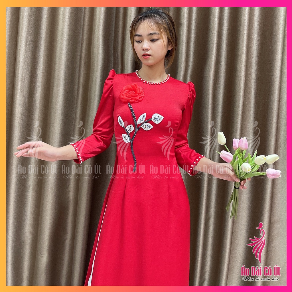 Áo Dài Nữ Lụa Tây Thi Cổ Tròn Tay Phồng Đính Hoa Hàng May Sẵn