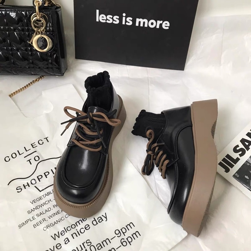 Giày da oxford nữ đế cao mũi giày tròn dễ thương 2 màu đen, trắng hothit 2022 k