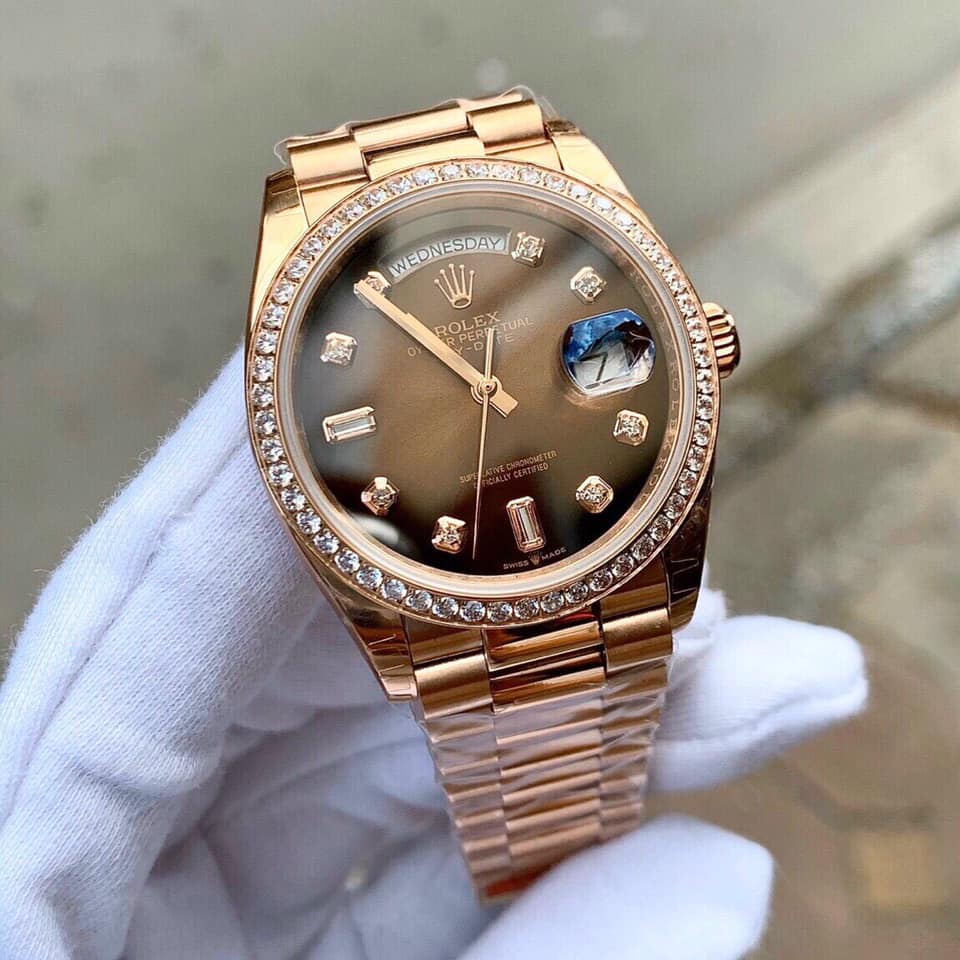 Đồng hồ Nam Rolex máy nhật vàng hồng day date dòng cơ Automatic size 38mm vành đá