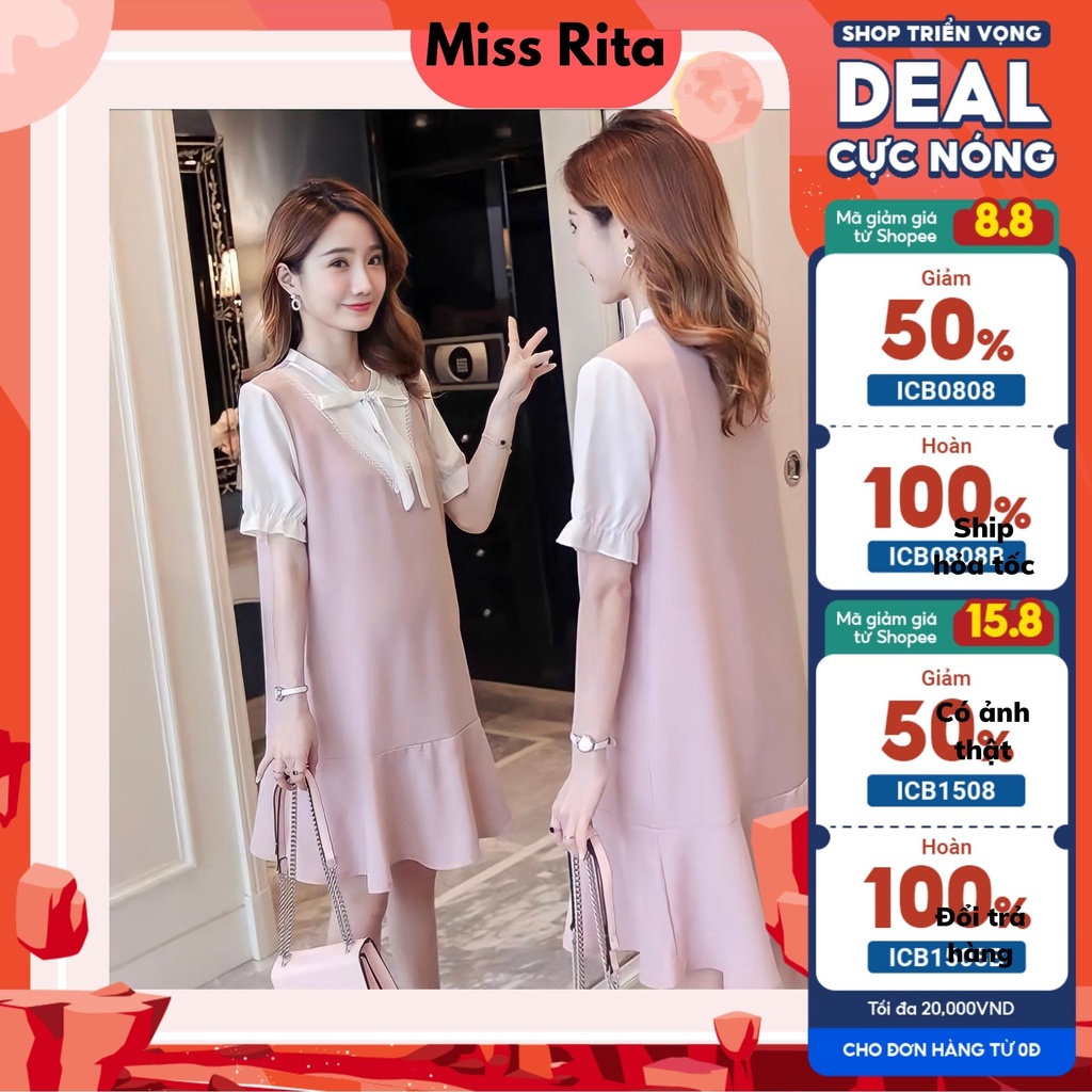 Đầm bầu mùa hè dáng suông đuôi cá cổ nơ tay chun xinh xắn thiết kế bởi Đầm Bầu Nhung Huấn