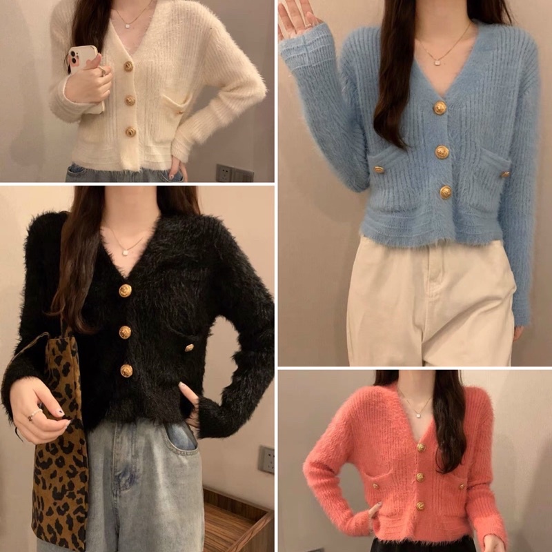 Áo khoác cardigan len lông khuy đồng sang xịn hàng QC