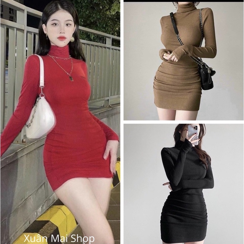 Đầm ôm body len tăm nhún eo tay dài cổ cao 3-5p tay dài ba màu