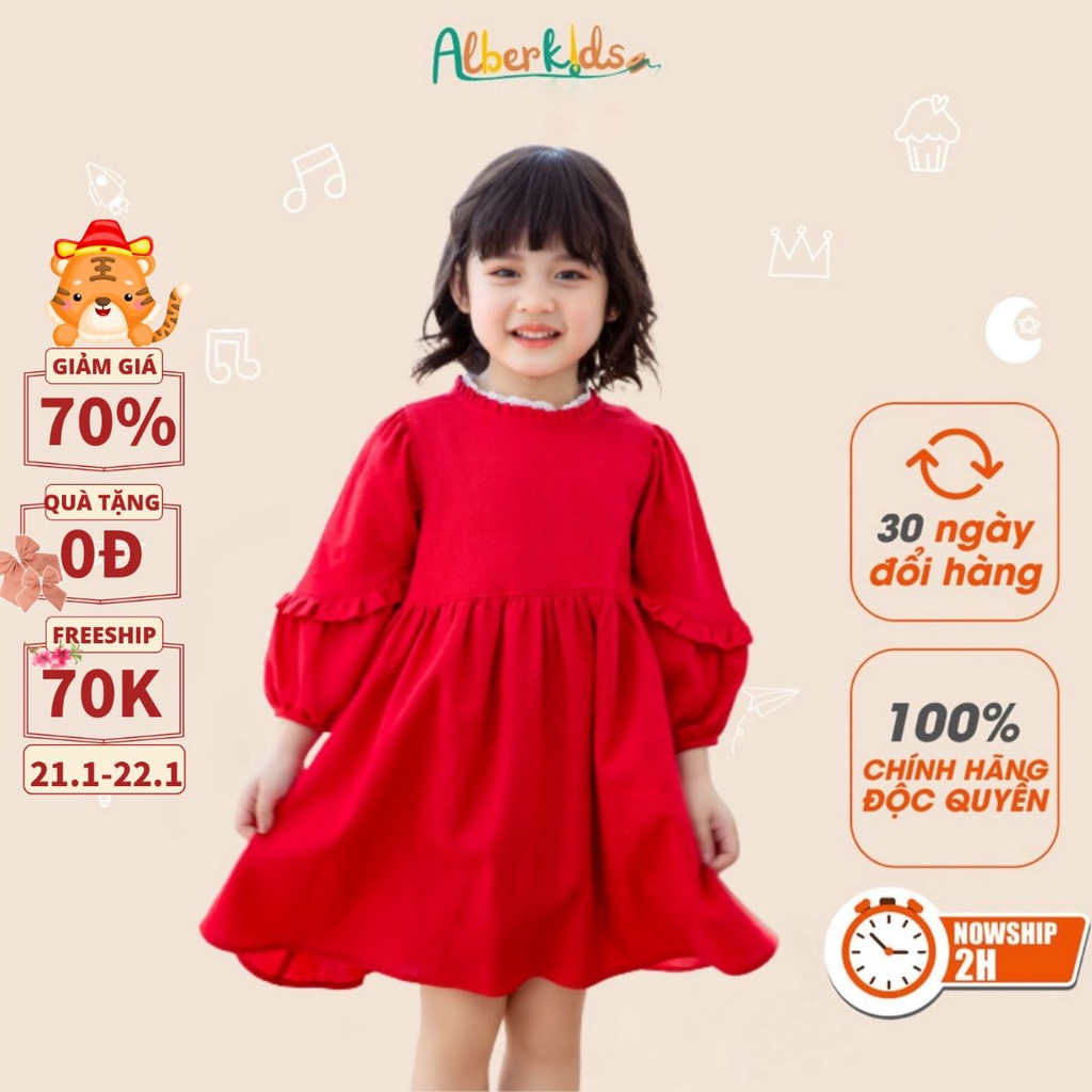 Váy cho bé gái ALBER KIDS đỏ dài tay công chúa xinh đẹp cho trẻ em 2,3,4,5 thumbnail