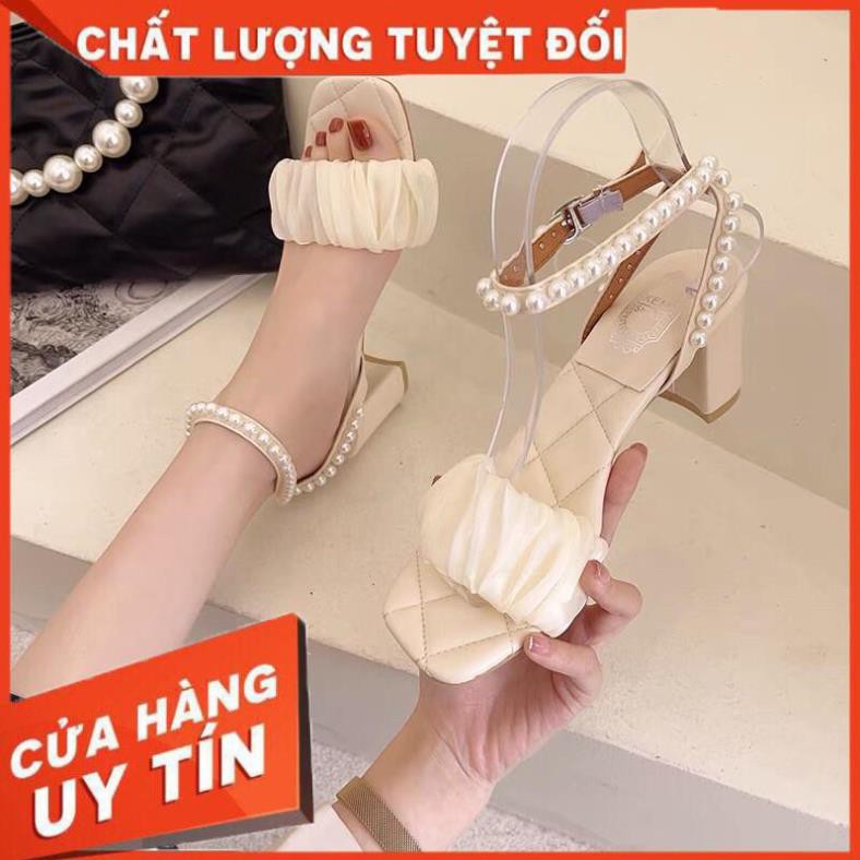 ĐẸP ĐỘC LẠ Giày cao gót nữ đế vuông quai ngang bèo dây hạt ngọc vintage SIÊU HOT