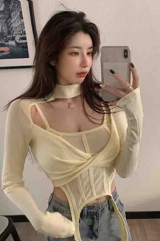 Áo thun IELGY dệt kim chui đầu 2 dây/ dài tay dáng ôm thời trang xuân hè mới cho nữ