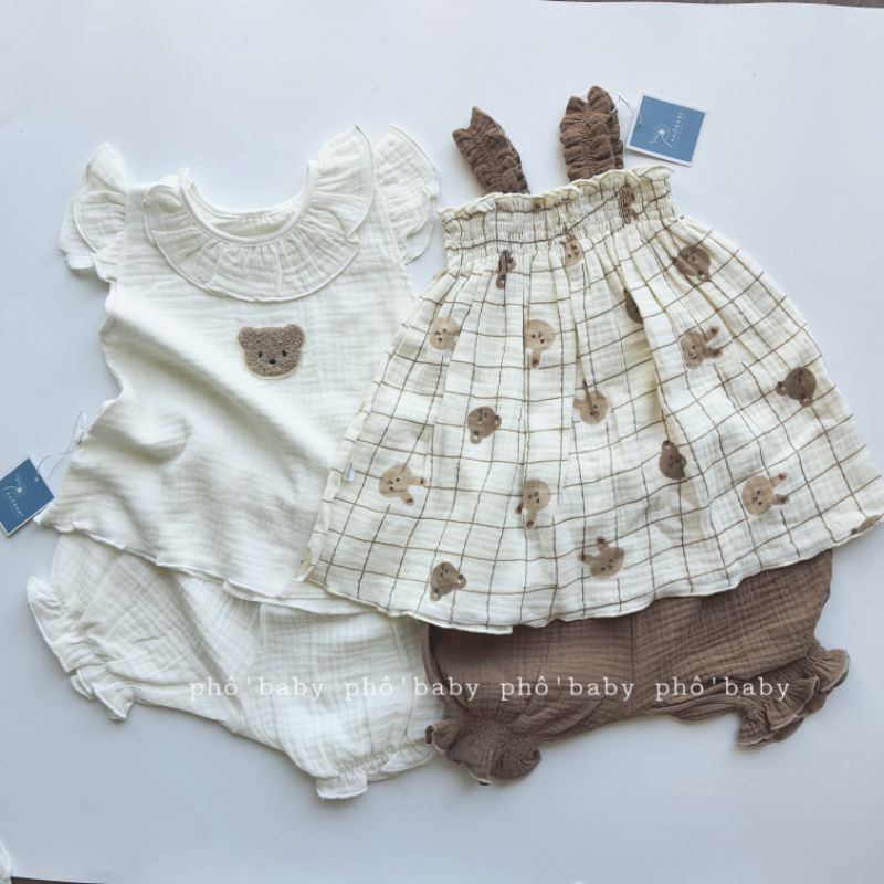 bộ gấu/yếm vải xô muslin mềm mịn thấm hút cho bé gái