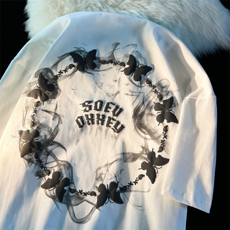 Áo Thun Tay Ngắn Dáng Rộng In Hình Bướm Khói Kiểu Đường Phố Mỹ Cá Tính Cho Nữ