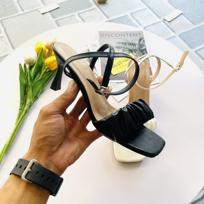 Giày cao gót, sandal nữ quai ngang bèo nhún gót đũa 7p Mã H12