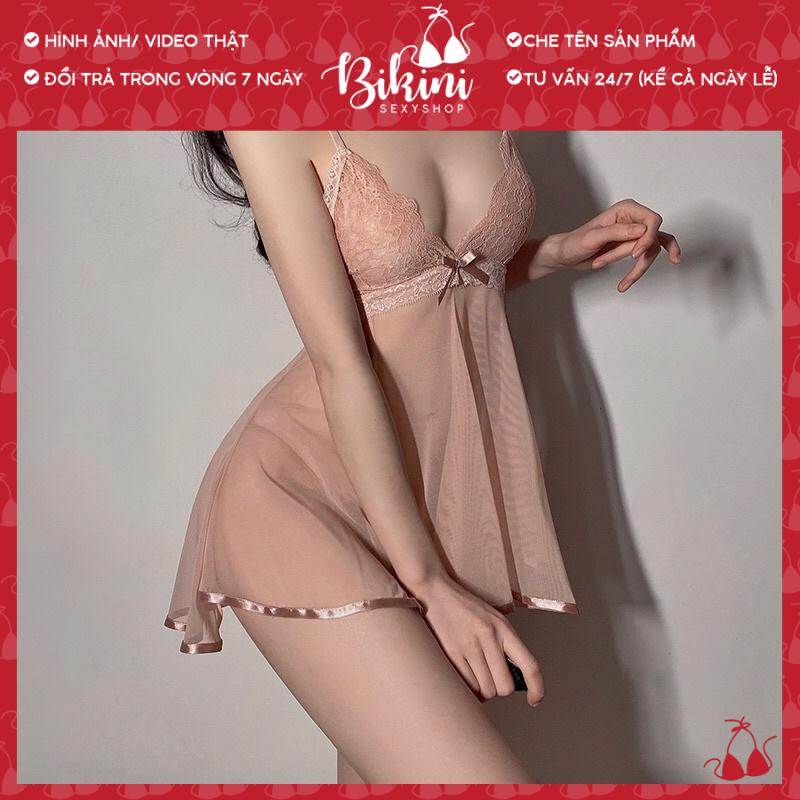 ❣️ Váy ngủ 2 dây  xuyên thấu phối ren ngực gợi cảm kèm chip lọt khe freesize màu đen/ trắng/ hồng SN017