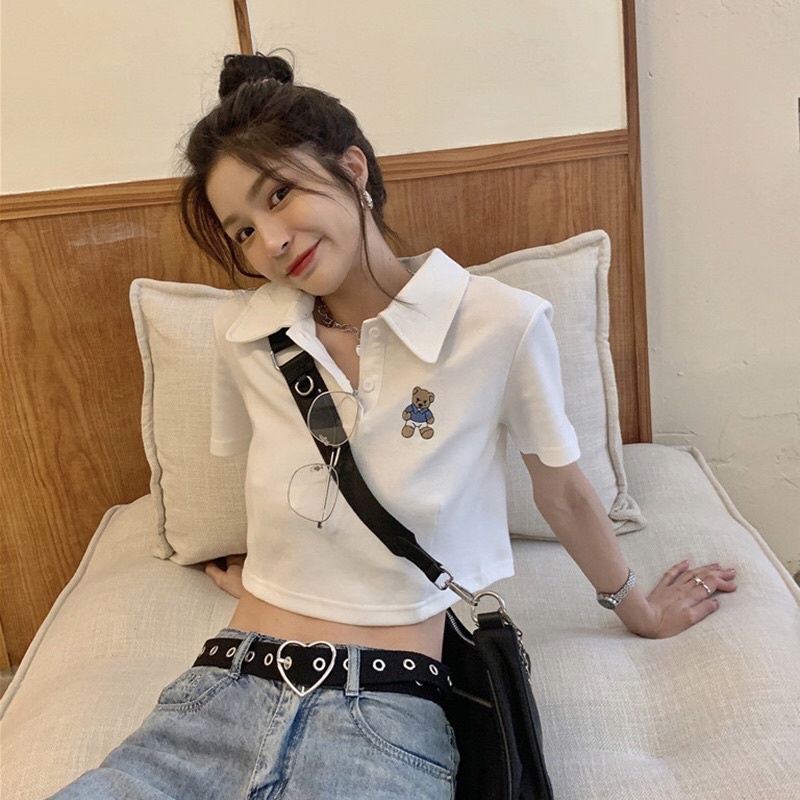 🍑Áo Thun Croptop Polo Cổ Trụ Ngắn Tay In Hình Gấu 🐻 Đáng Yêu - Mã: 459🍑 TV - Fashion