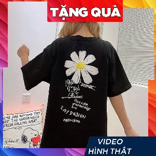Áo thun tay lỡ nữ freesize phông form rộng Unisex, mặc lớp, nhóm, cặp in hình HOA CÚC CHỮ KÝ GD