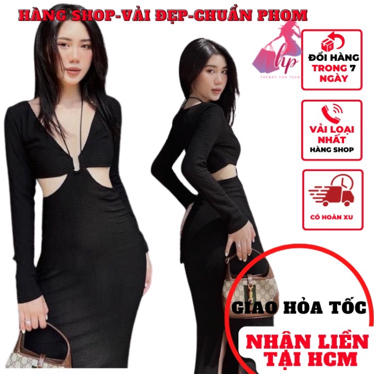 Váy đầm khoét eo hở lưng maxi dài nữ body xẻ tà tay dài thun gân màu đen sexy sang chảnh dự tiệc VD233 -teen