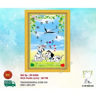 (ĐÃ ĐÍNH) Tranh đính đá thành phẩm ĐỒNG HỒ HAI CHÚ CHÓ TINH NGỊCH 36x50cm DF2455