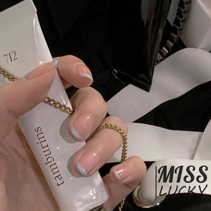 Set 24 móng tay giả màu hồng viền xanh ngọt ngào