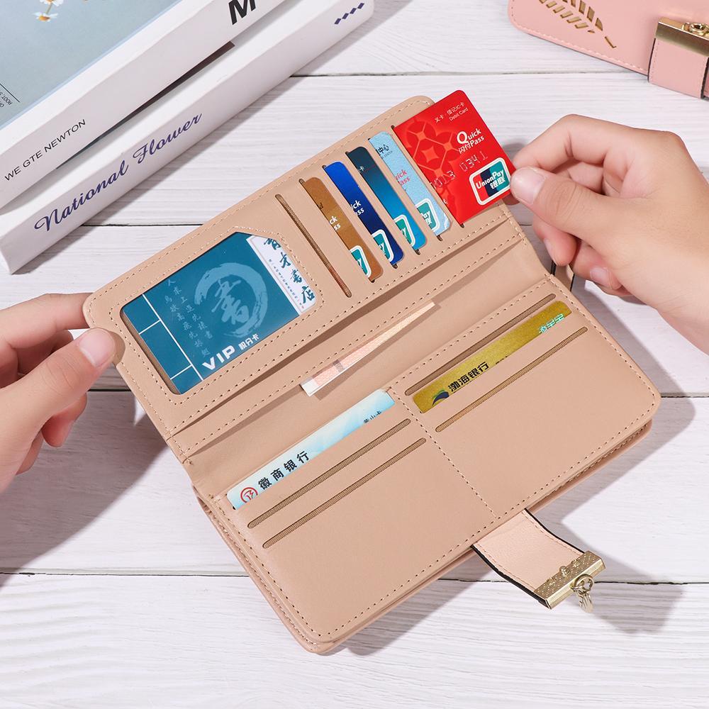 MIHAN1 Ví Da PU Dáng Dài Đa Năng In Họa Tiết Chiếc Lá Thời Trang Cho Nữ Giá Đỡ