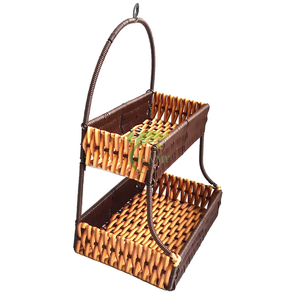 Kệ 2 tầng treo dây nhựa mây đan tròn và dẹp kết hợp mang công năng tiện lợi và thẩm mỹ cao - Mây Tre Trà My