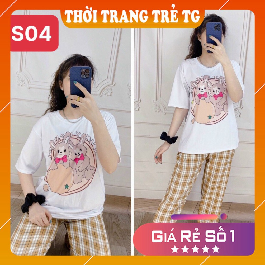 Đồ bộ nữ 𝑭𝒓𝒆𝒆𝒔𝒉𝒊𝒑 Set Đồ Bộ Quần Sọc Caro Ống Rộng S01 Hình Gấu Trà Sữa Freesize Form Rộng Cực Thoáng Mát