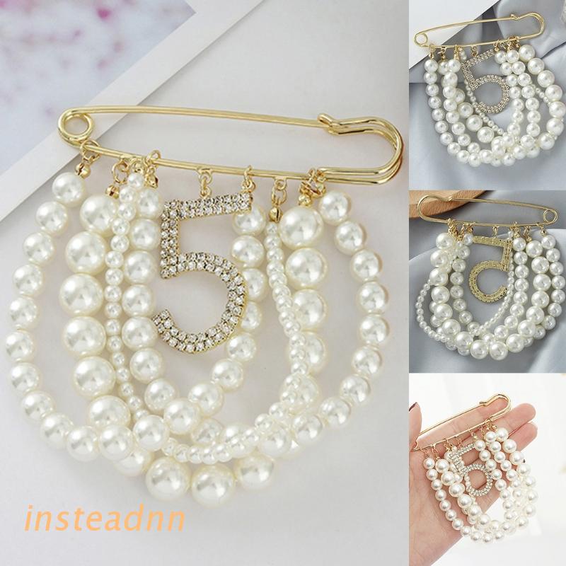 INSTA Ghim cài áo chuỗi ngọc trai lớn đính pha lê sáng bóng cổ điển cho nữ số 5