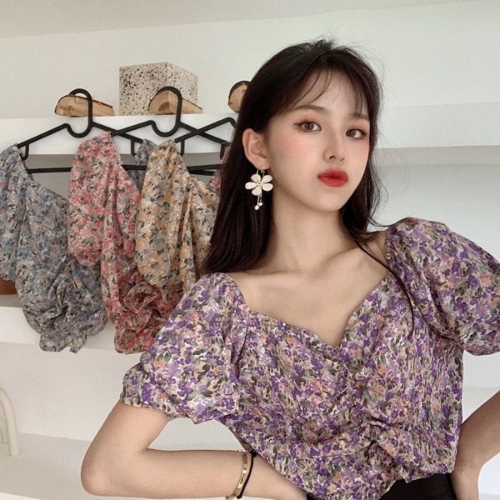 áo croptop nữ Tay Phồng Ngắn Họa Tiết Hoa Phong Cách Pháp Thời Trang Cho Nữ Áo Sơ Mi JL-TX-189 2022