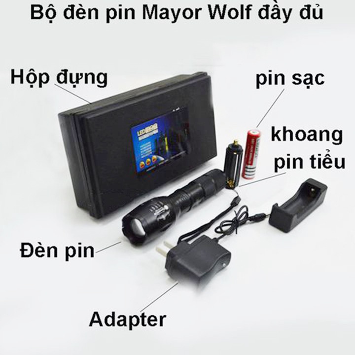 Đèn Pin siêu sáng S016 chuẩn MAYOR WOLF Led Cree XML T6 Hợp Kim Chống Nước Pin Sạc Lại Full box (Loại 1)