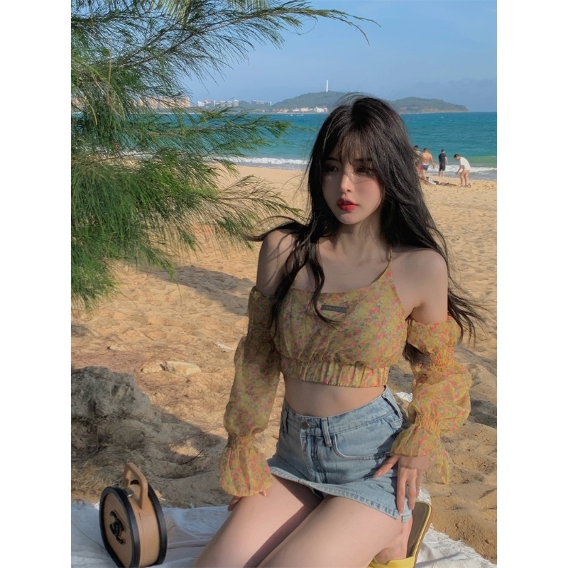 COZOK Áo Sơ Mi Voan Hoa Hai Dây Cổ Yếm