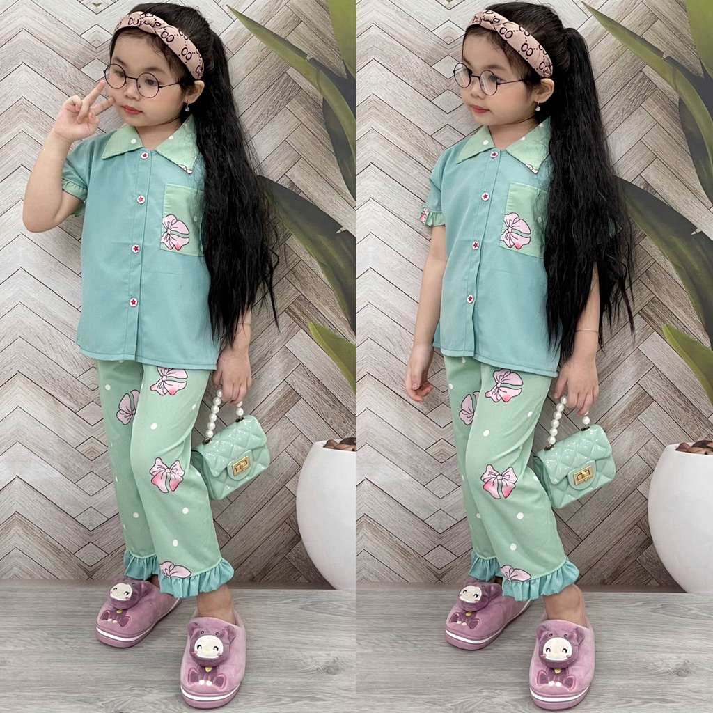 T240 Bộ pijama bé gái tay ngắn quần dài mặc nhà hoạt hình thú dễ thương 11 22kg