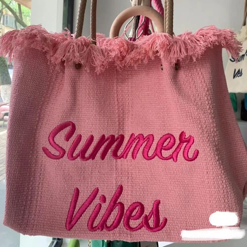 Túi Tote Đeo Vai Vải Canvas Dệt Tay Sức Chứa Lớn Thêu Chữ Phong Cách Mùa Hè Mới Thông Dụng