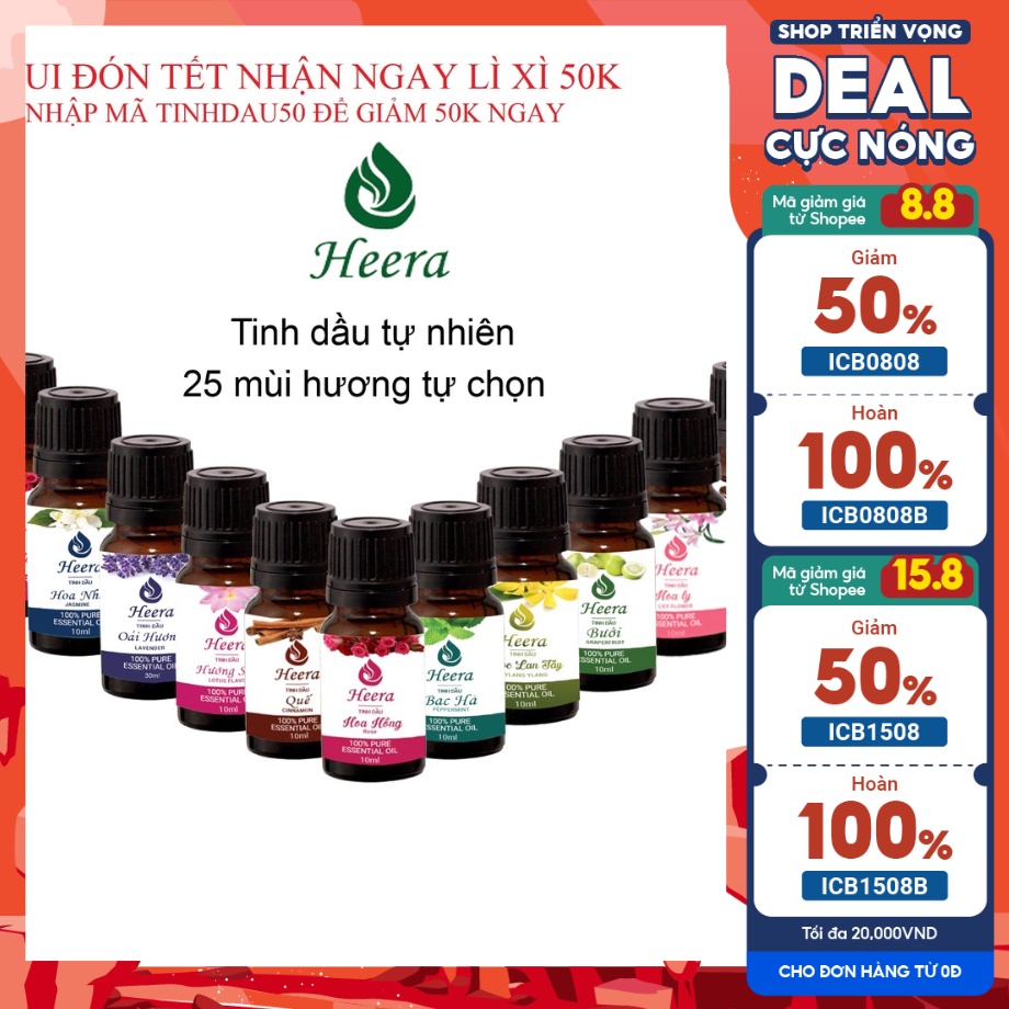 Tinh dầu thiên nhiên, tinh dầu thơm phòng nguyên chất Heera lọ 10ml, Nhập khẩu Ấn Độ, Có giấy kiểm định QUATEST3