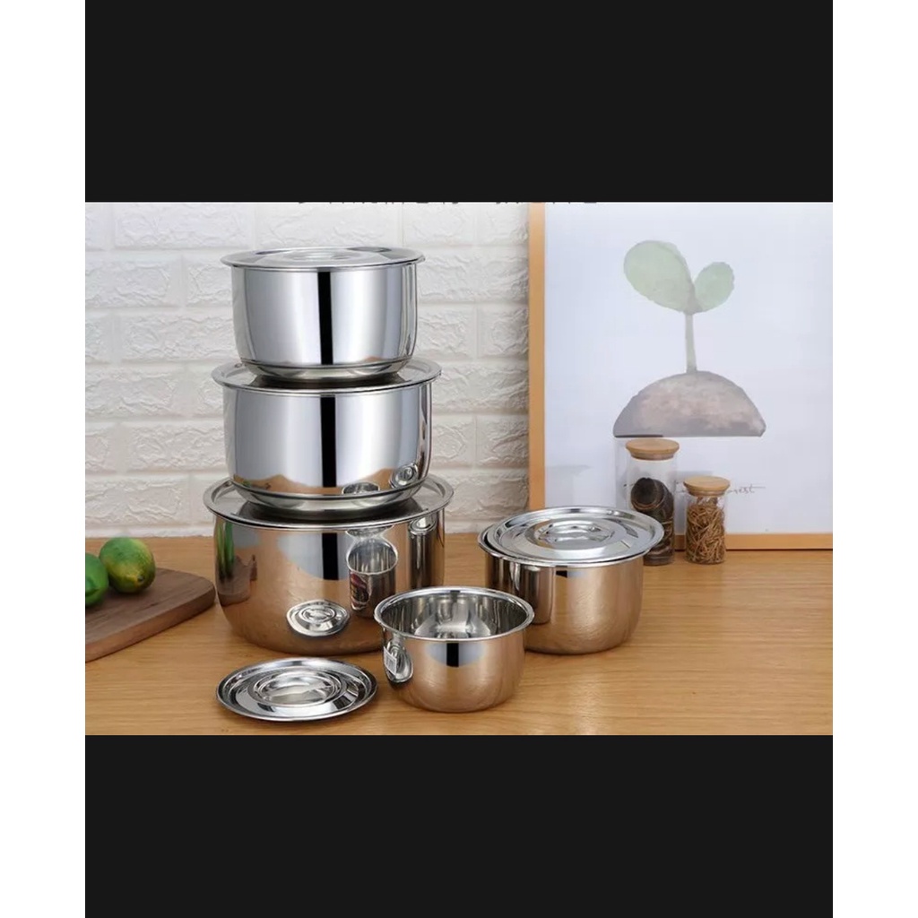 Bộ 5 Thố Inox Stock Pot Không Quai Có Nắp Đậy Đủ Kích Thước Cao Cấp