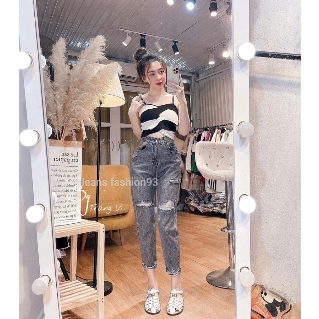 Quần baggy jean nữ cạp cao - Quần bò rách kiểu đẹp màu xanh - xám - Jeans Fashion93