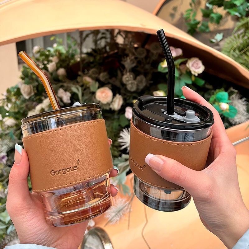 [ Hàng Loại 1 ] Cốc Thủy Tinh Bọc Da Sang Trọng 450ML - TẶNG Kèm Ống Hút Và Nắp Chống Tràn