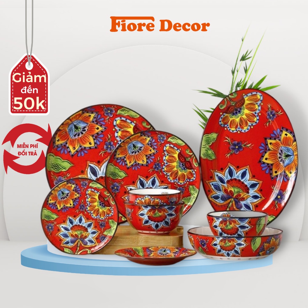 Bộ bát đĩa gồm chén, dĩa, cốc và thố họa tiết hoa đỏ phong cách Âu Mỹ Fiore