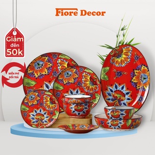 Bộ bát đĩa gồm chén, dĩa, cốc và thố họa tiết hoa đỏ phong cách Âu Mỹ Fiore