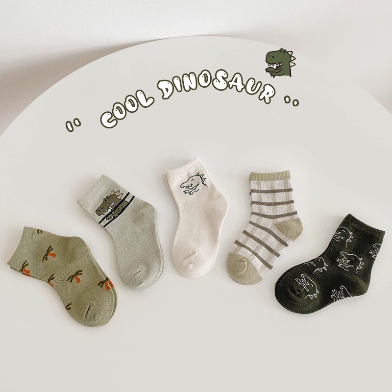 Set 5 Đôi Tất Cotton Cho Bé trai (1-12 Tuổi) Hoạ Tiết Khủng Long Xanh Rêu siêu ngầu