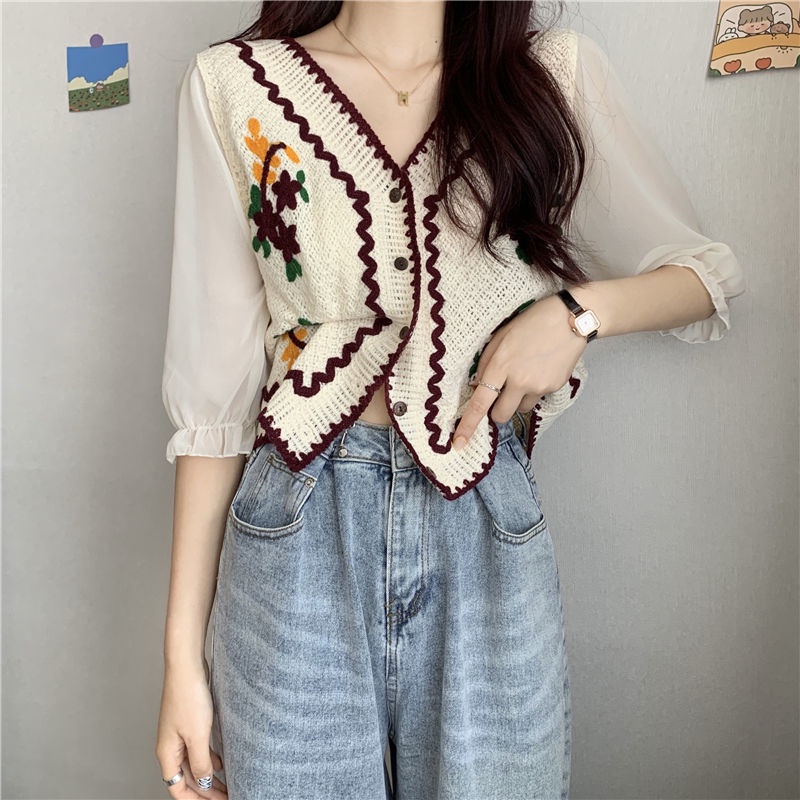 Áo Sơ Mi Ngắn Tay Thêu Họa Tiết Xinh Xắn 165301 Áo Sơ Mi Cổ Chữ v Dáng Rộng Phong Cách Thời Trang Retro