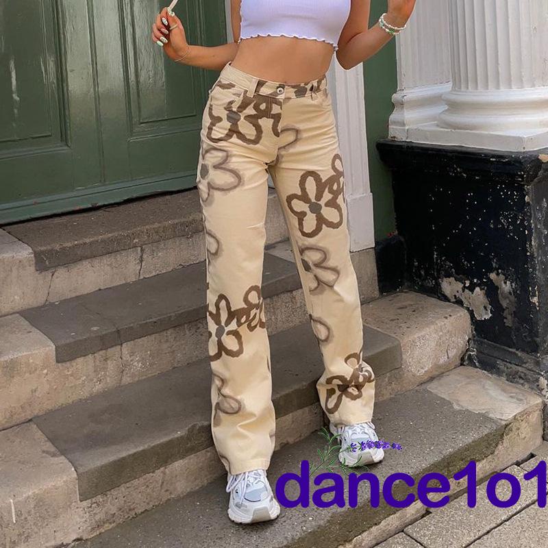 Quần Jean Nữ Ống Rộng Lưng Cao In Hoa Thời Trang