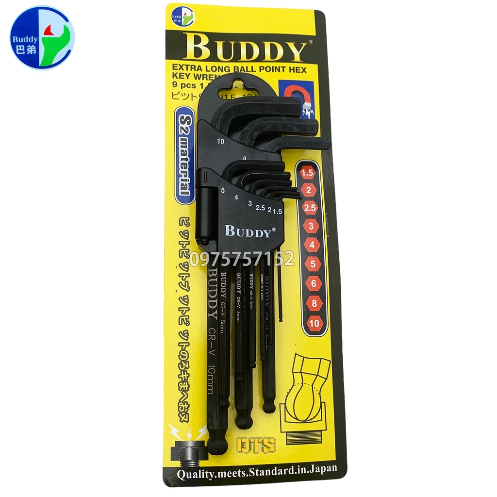Bộ lục giác đầu bi ngắn có nam châm đa năng Nhật Bản Buddy BA0098, bộ lục giác bi thép cứng S2 cao cấp xử lý đen bề mặt