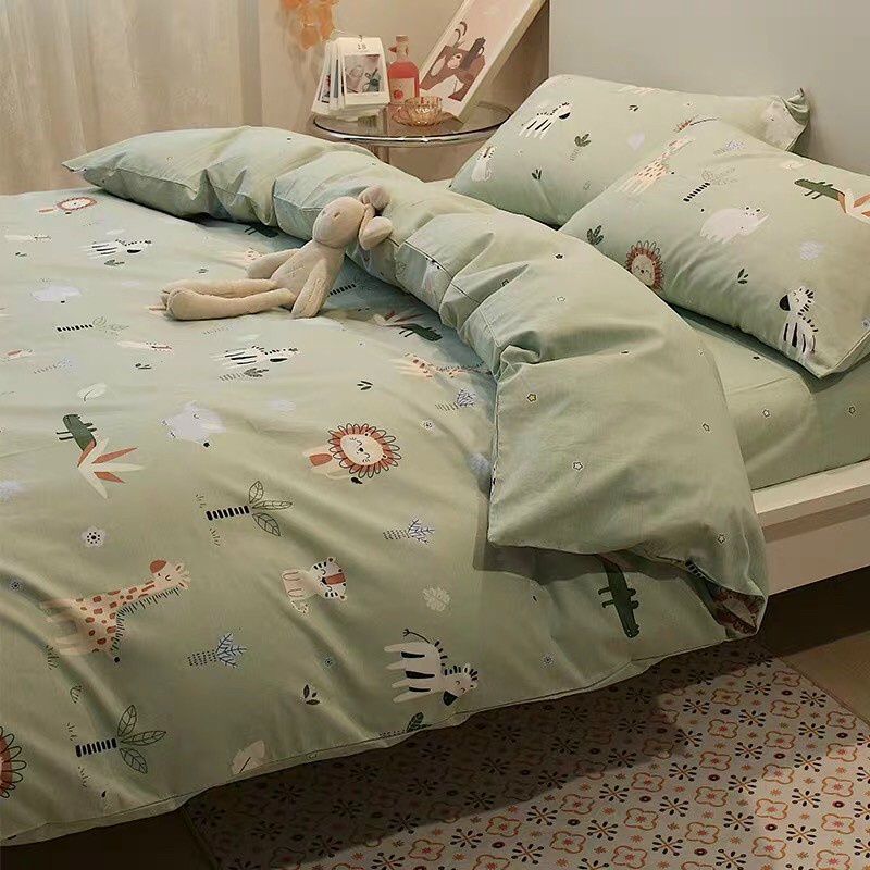 Chăn Ga Gối Cotton Living 💝 FREESHIP 💝 Bộ Chăn Ga Cotton 100% "Vườn Thú Xanh " nhập khẩu 4 món