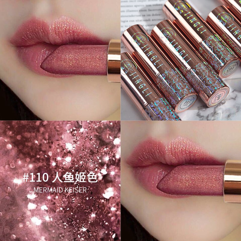 Pearl mermaid color does not fade non-stick cup waterproof small gold diamond star shine lipstick