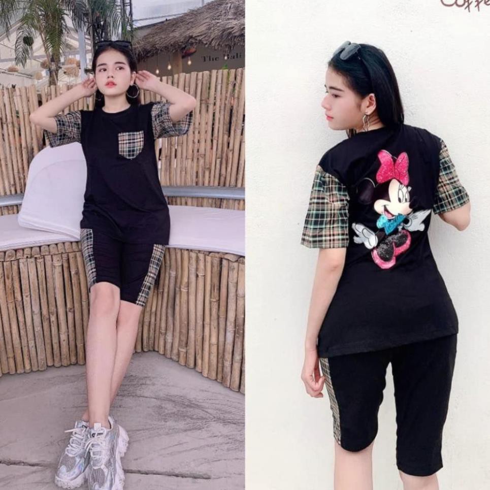 Đồ Bộ Nữ MIC06228 Đồ Bộ Mặc Nhà Chất Cotton Đẹp Hình In Mickey Sọc Ca Rô 2 Bên Size 40KG - 80KG | BigBuy360 - bigbuy360.vn
