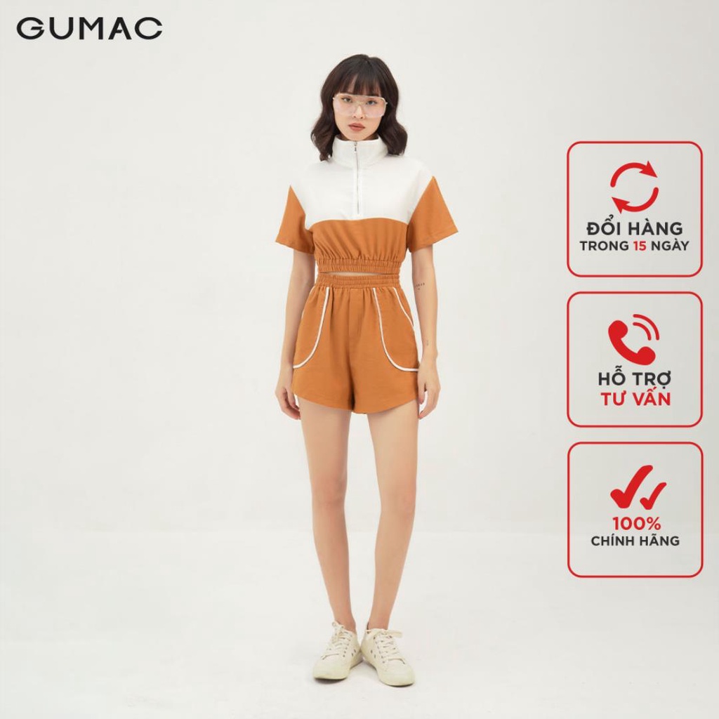 [Mã WABRGUM giảm 10% tối đa 30K đơn 99K] Áo thun croptop nữ tay ngắn phối dây kéo GUMAC màu nâu, đủ size AB319 | BigBuy360 - bigbuy360.vn