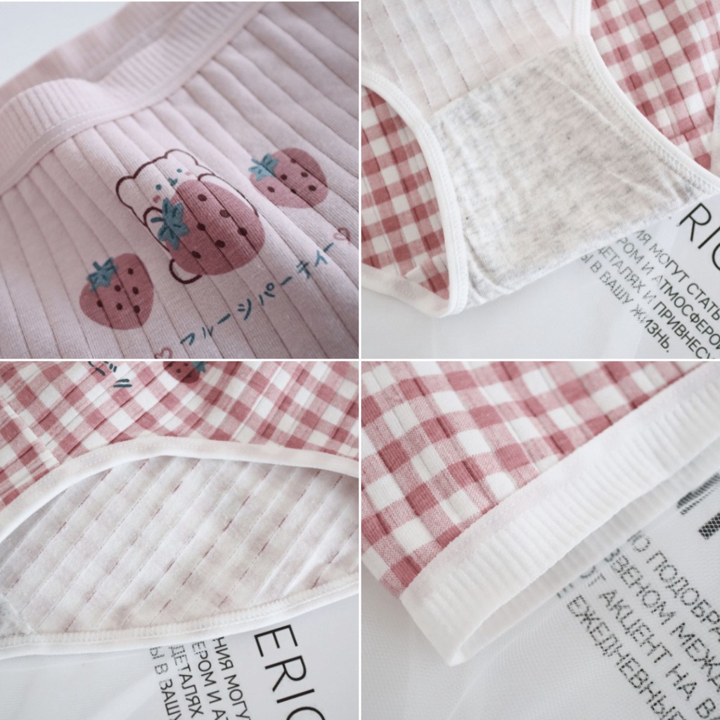 Set 5 Quần Lót Cotton Lưng Vừa Họa Tiết Trái Dâu Dễ Thương Cho Nữ