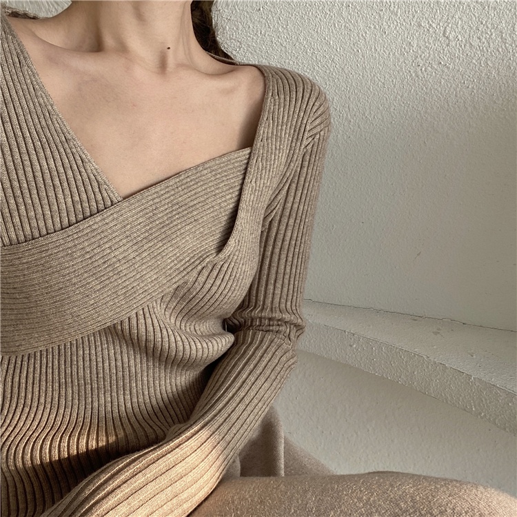 【ZHELIHANGFEI】Áo Sweater Dệt Kim Tay Dài Thiết Kế Cổ Chữ V Thanh Lịch