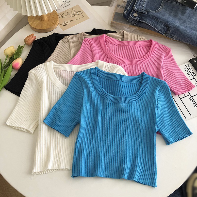 Áo Thun Dệt Kim Tay Ngắn Cổ Tròn Màu Sắc Trơn Phong Cách Hàn Quốc Dành Cho Nữ
