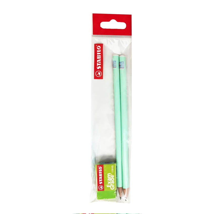 Bộ 2 cây bút chì gỗ STABILO Pastel 2B + gôm màu trung Exam Grade ER191G (PC421-C2+)