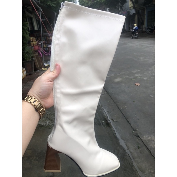 Bốt nữ Magann Boots 7 Phân cao gót đế gỗ đùi da mềm kéo khóa sau cá tính